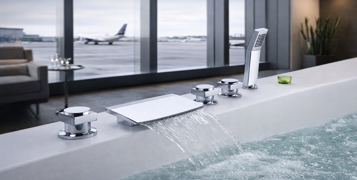 Chrome deck mount bathtub faucet system with valve